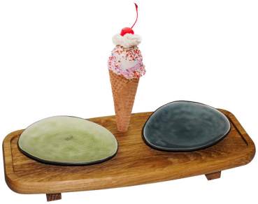 Dessertbank aus rustikalem Holz mit Öffnung und 2 Schalen aus Porzellan (Farben gemischt) ca. 36 x 15 x 5 cm